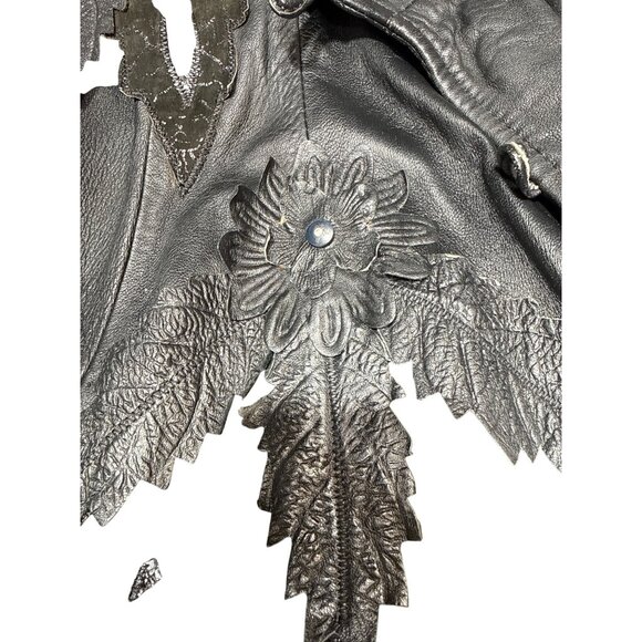 Vintage Leather Jacket with Floral Applique - Size M, Artistic Boho Statement Ou - Picture 10 of 16